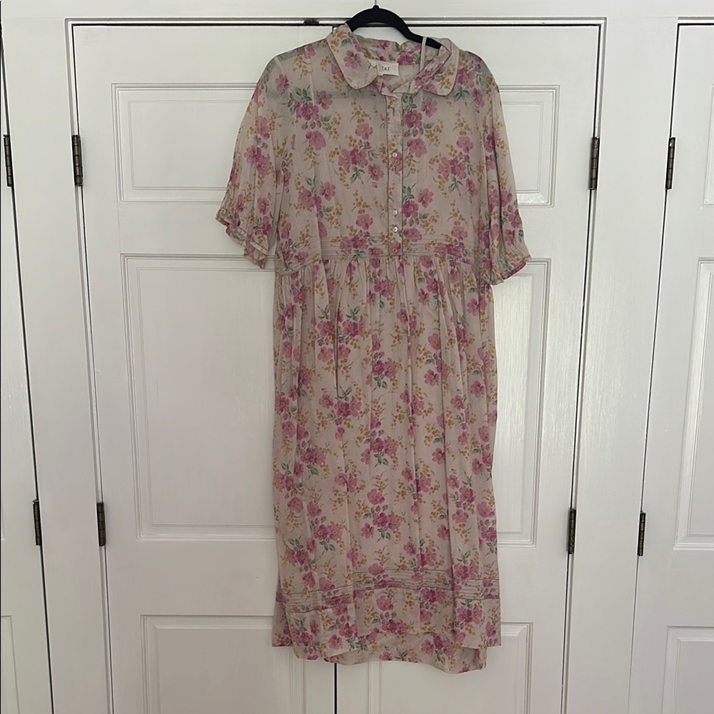 THE GREAT. Pink Puff Sleeve Sundress with Peter Pan Collar